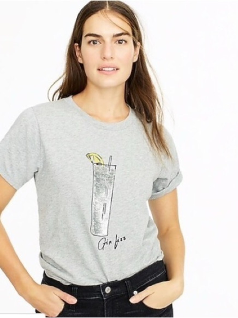 J.Crew Gin Fizz Sequin Graphic Cocktail Tee Womens M Gray Heather 100% Cotton